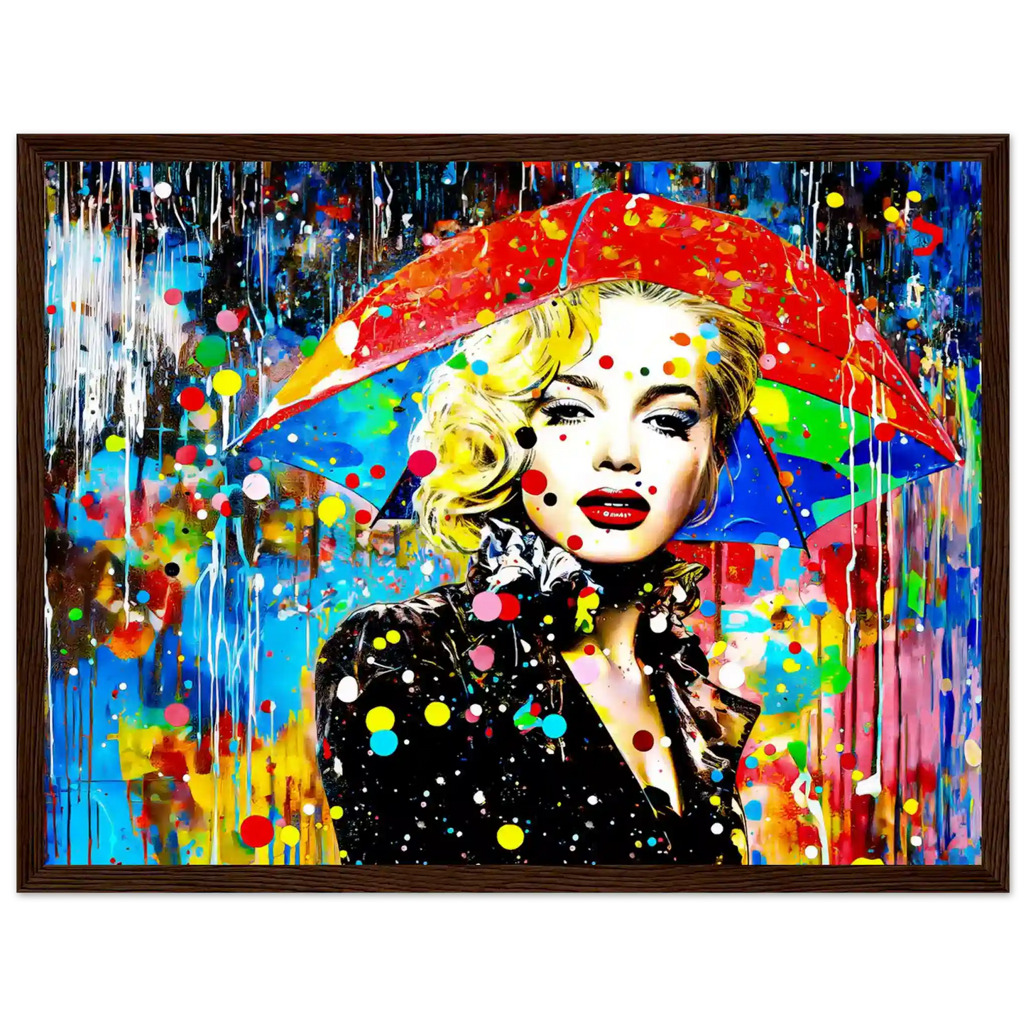 Brown wooden framed print of Marilyn Monroe with an umbrella and colorful painted rain drops. Splash of Elegance-Graphique Addictions.