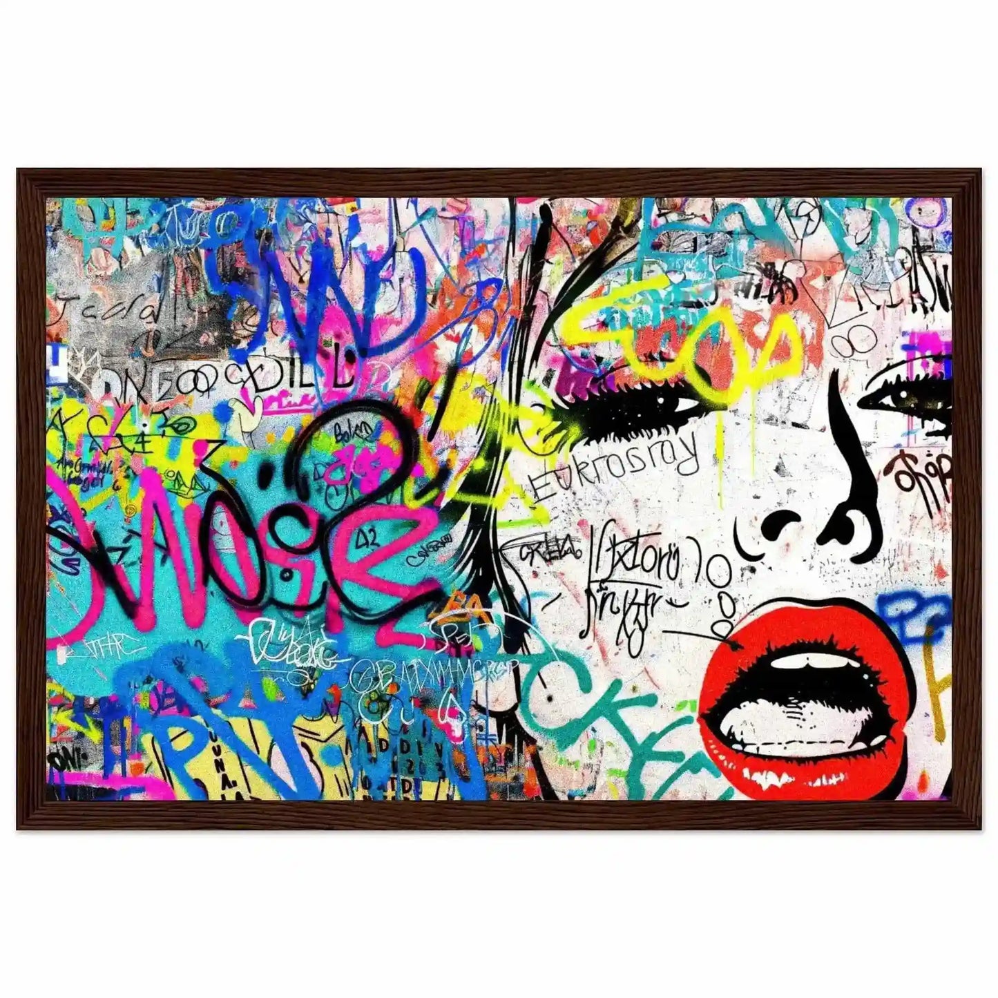Chic Femme Graffiti Gaze: Pop art portrait of a woman against colorful graffiti, bold brush strokes, and ink splashes in a brown wooden frame-Graphique Addictions.