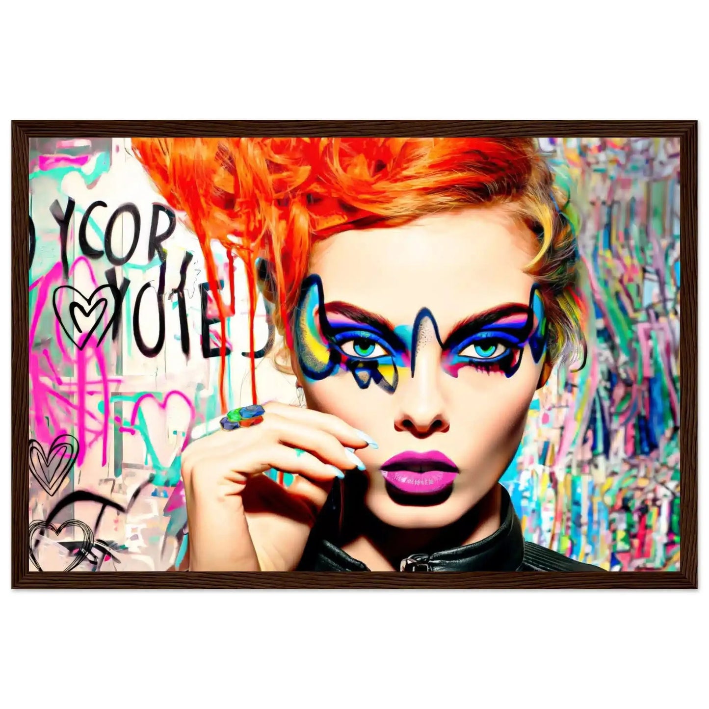 Woman with orange-red hair, blue eyes, and vibrant geometric eyeshadow against a colorful graffiti backdrop brown wooden framed artwork titled: Colorburst Diva-Graphique Addictions.
