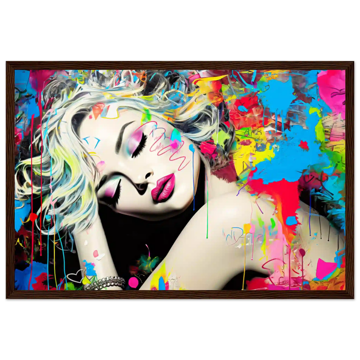 Blonde woman with colorful makeup, tattoos, and graffiti against a backdrop of colorful splashes. Brown wooden framed artwork titled: Colorful Captivation-Graphique Addictions.