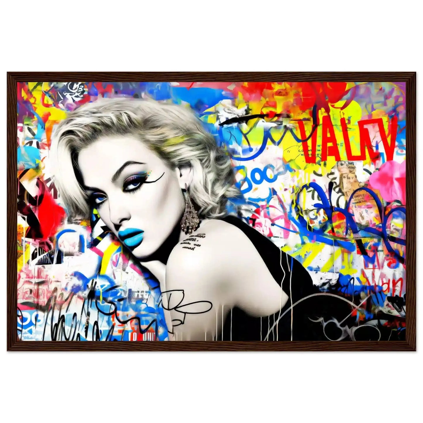 Brown wooden framed print of woman lying on her stomach, surrounded by vibrant graffiti, wearing blue lipstick and winged eyeliner, in a black dress. Titled: Graffiti Dreamscape-Graphique Addictions.