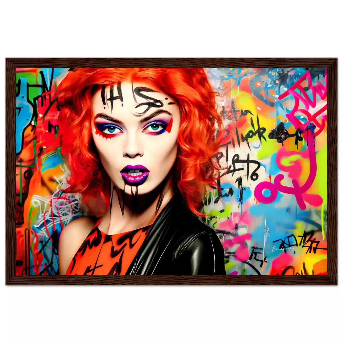Brown wooden framed print featuring a red-headed woman with bold gothic makeup, wearing a black leather jacket and an orange top, set against a colorful graffiti background. Graffiti Vixen-Graphique Addictions.