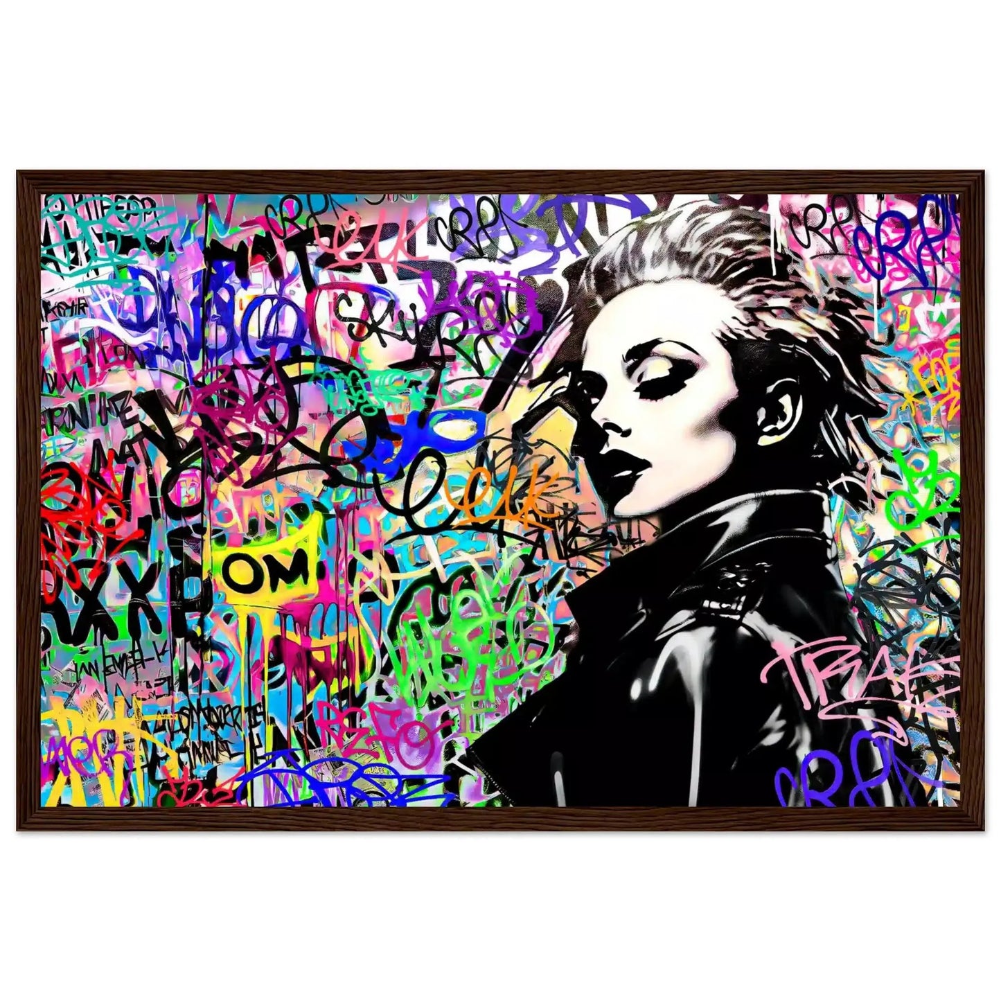 Brown wooden framed print of Madonna wearing a black leather jacket against a backdrop of colorful graffiti and lettering. Chromatic Chaos-Graphique Addictions.