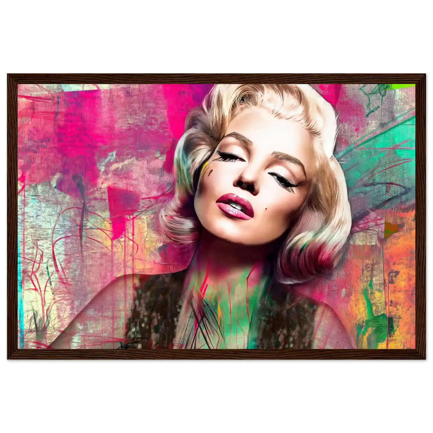 Abstract portrait of Marilyn Monroe with pink lips and lime green graffiti-style background-dark-brown-12x18-inches-wooden-framed-print-marilyns-candy-lime-collage-framed-print, Graphique Addictions