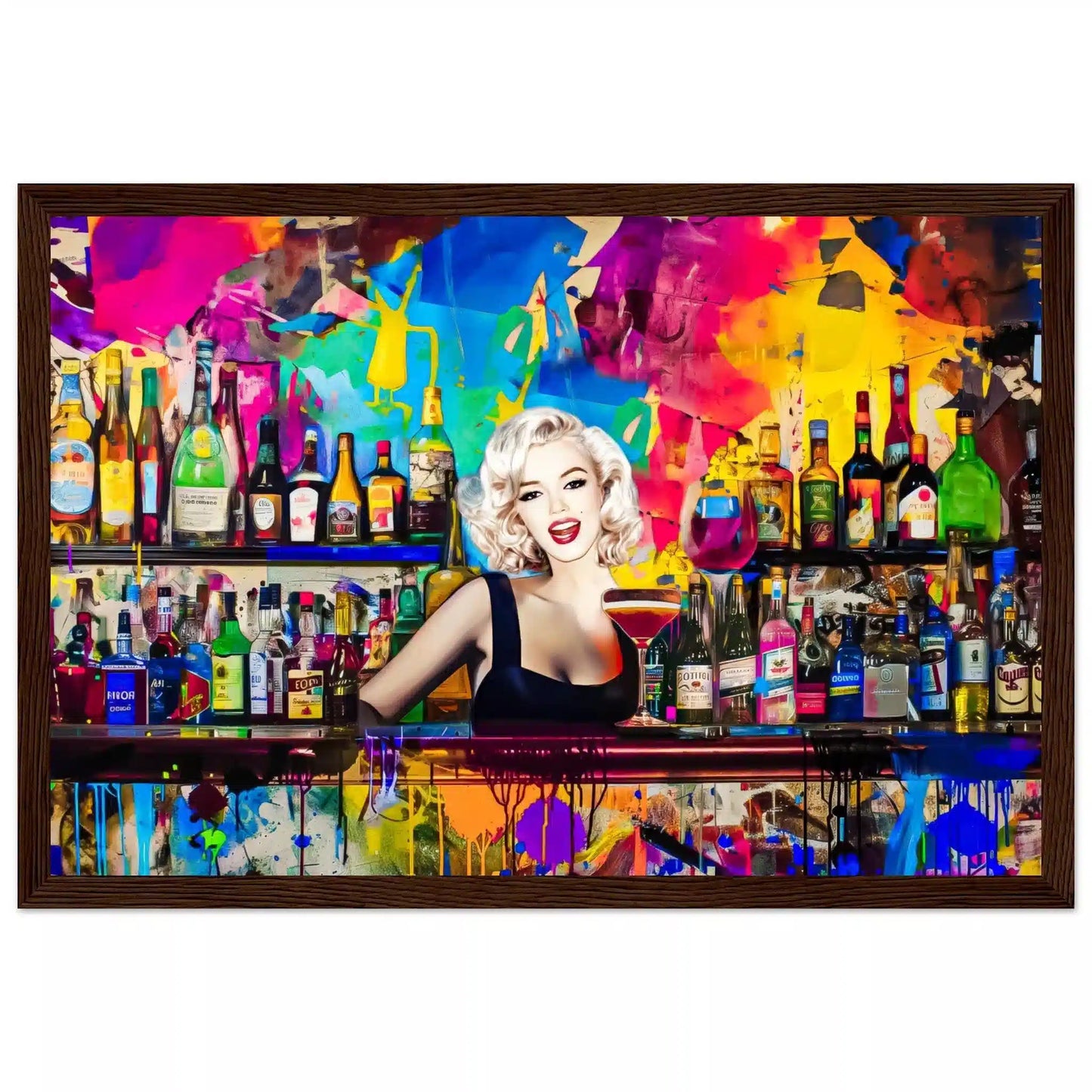 Brown framed print of Marilyn Monroe as a bartender, in a colorful bar surrounded by vibrant abstract patterns and shelves stocked with colorful liquor bottles. Monroe Mixology-Graphique Addictions.