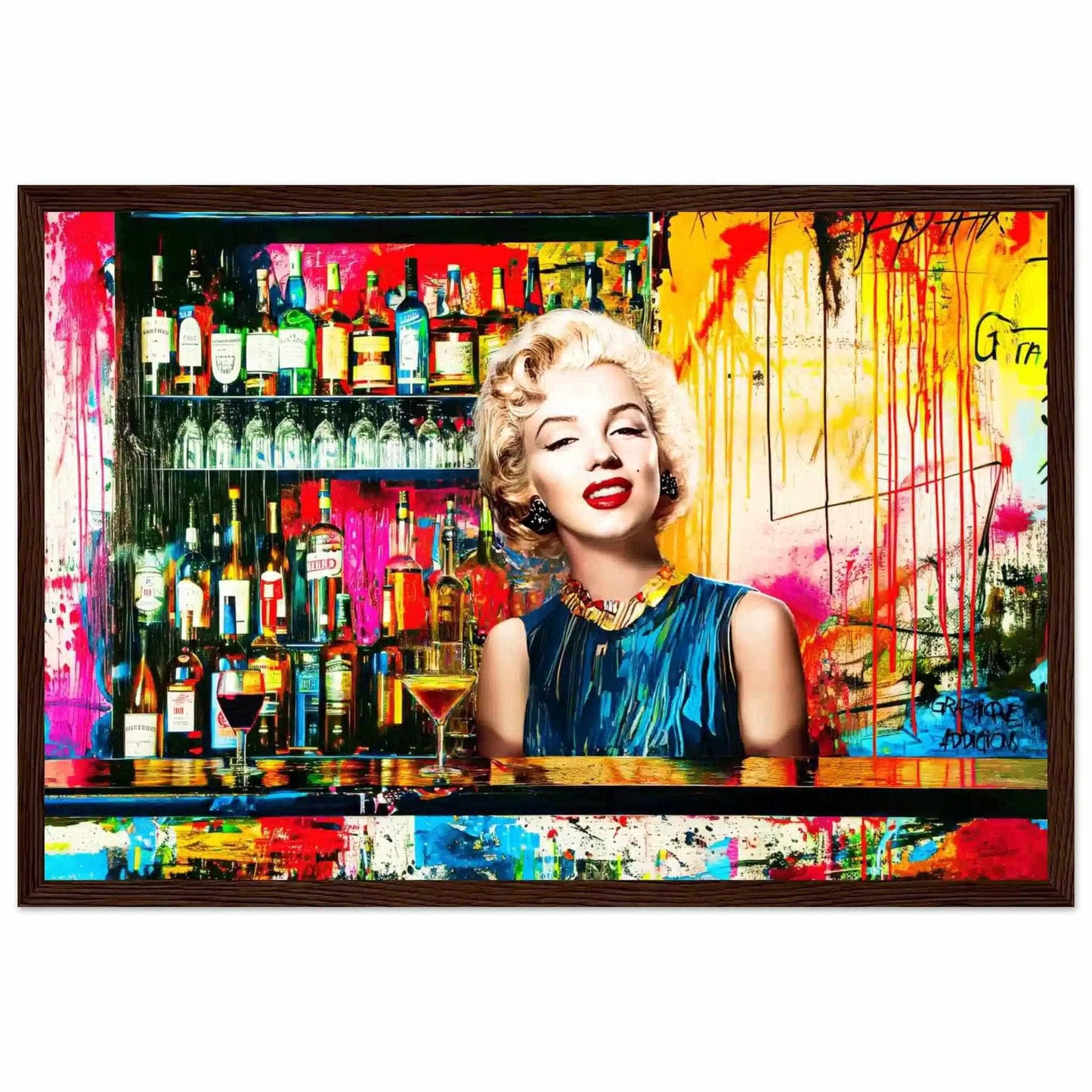 Brown wooden frame of Marilyn Monroe standing behind a bar with alcohol bottles on the shelves, vibrant abstract colors, graffiti, and paint. Monroe's Cocktail Hour-Graphique Addictions.