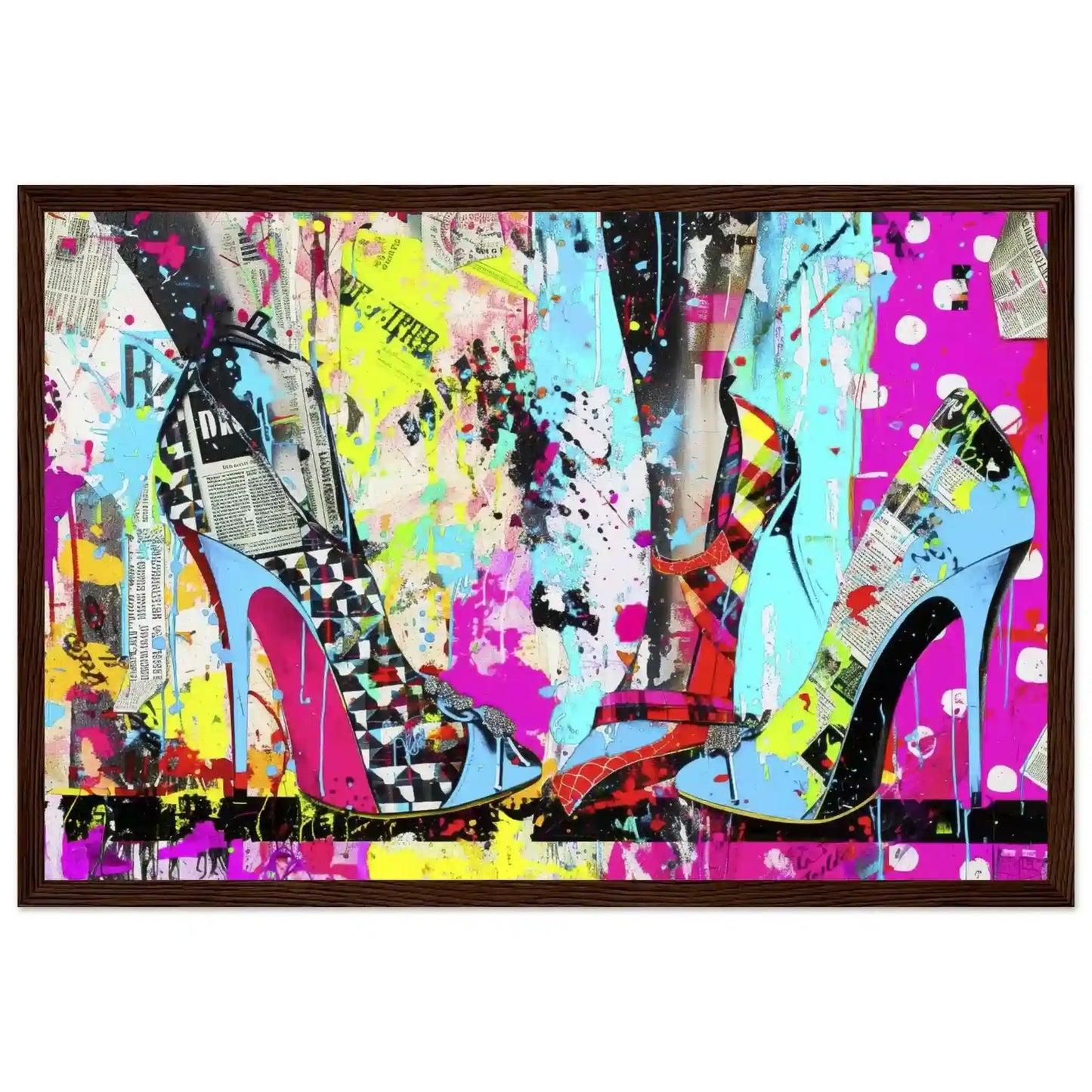 Brown wooden framed print of high heels against a backdrop of colorful newspaper texture collage and paint splashes. Neon Stiletto 80's Remix-Graphique Addictions.