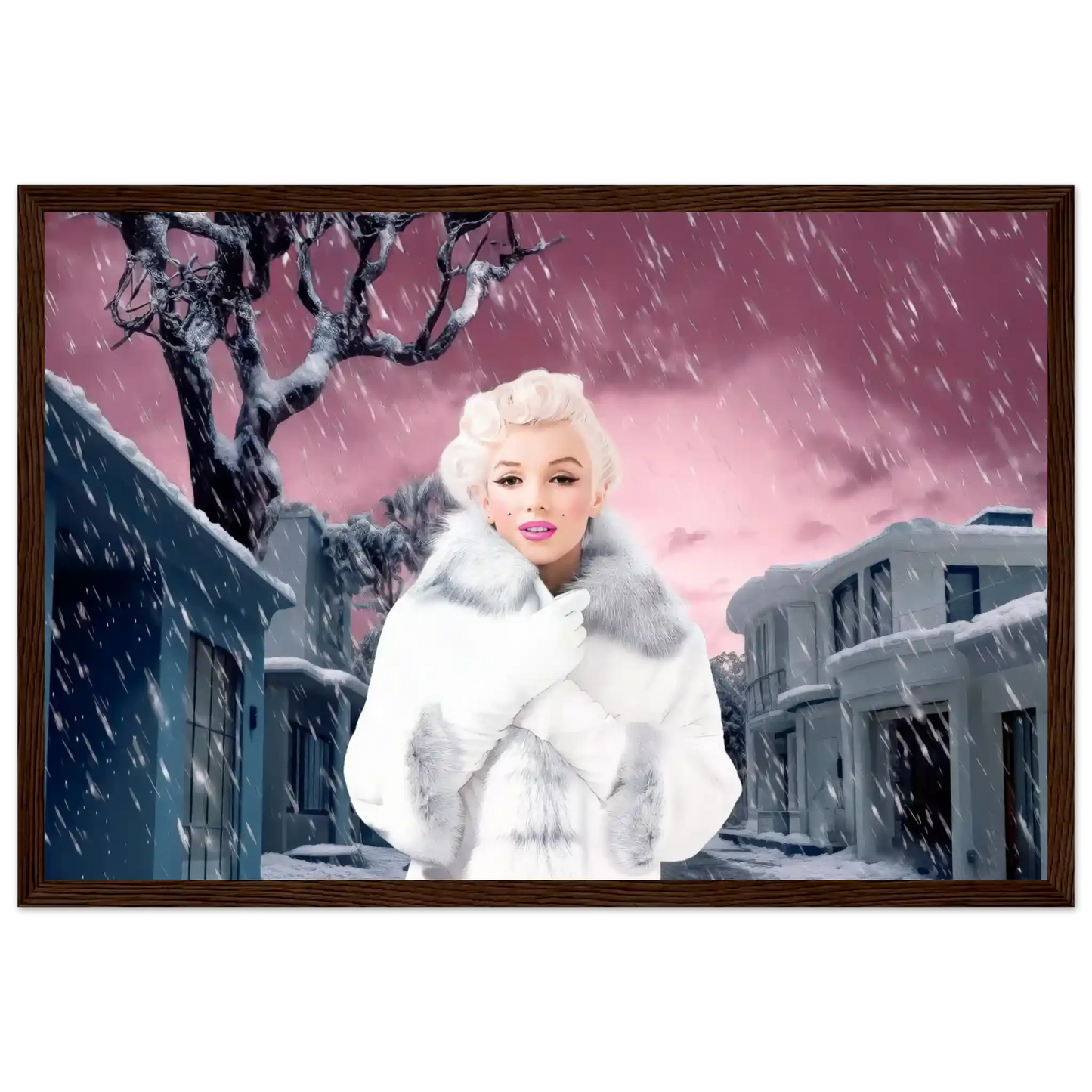 marilyn monroe wearing a white fur coat and gloves, standing under a snowy sky with a pink hue, surrounded by gray houses-dark-brown-12x18-inches-wooden-framed-print-pink-snowstorm-7, Graphique Addictions