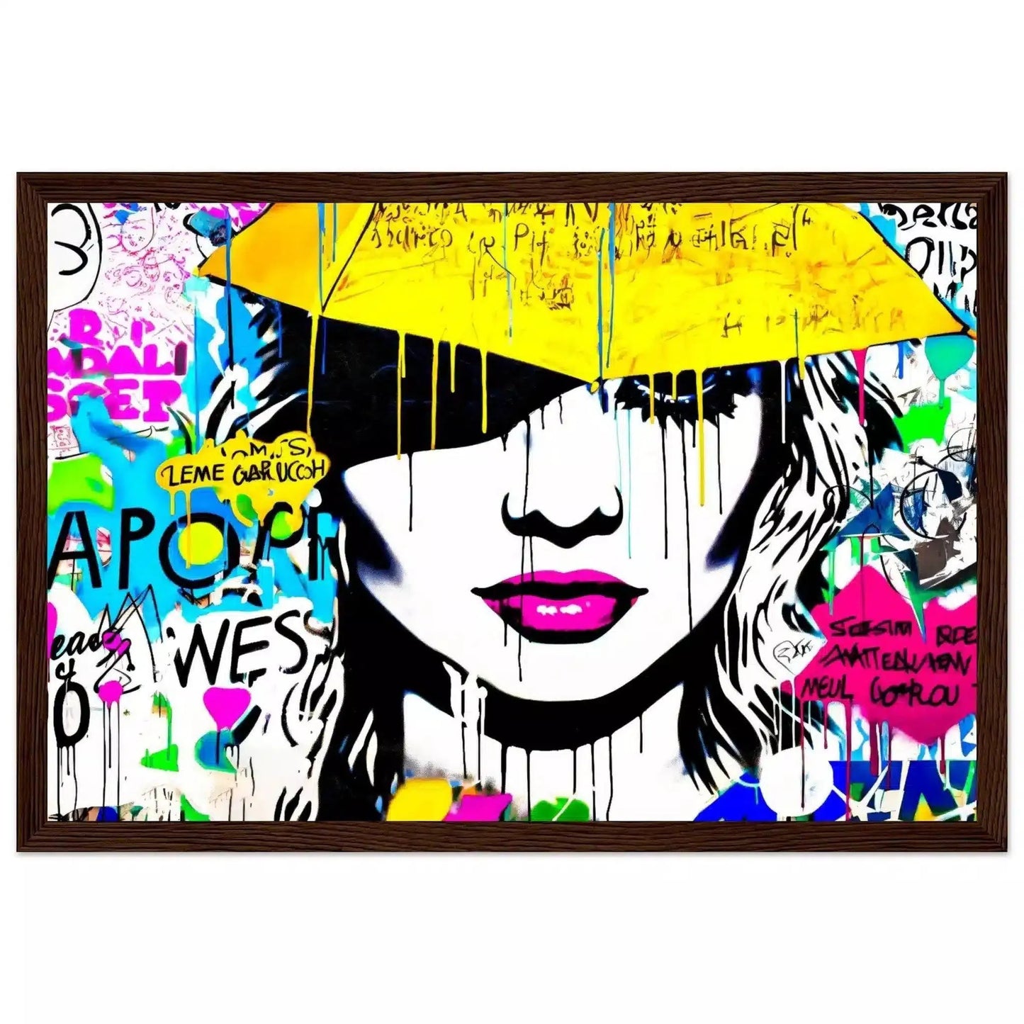 Brown wooden framed Print close-up of womans face with pink lips, a yellow umbrella is above her, white background with colorful dripping paint. Radiant Umbrella Comic Burst-Graphique Addictions.
