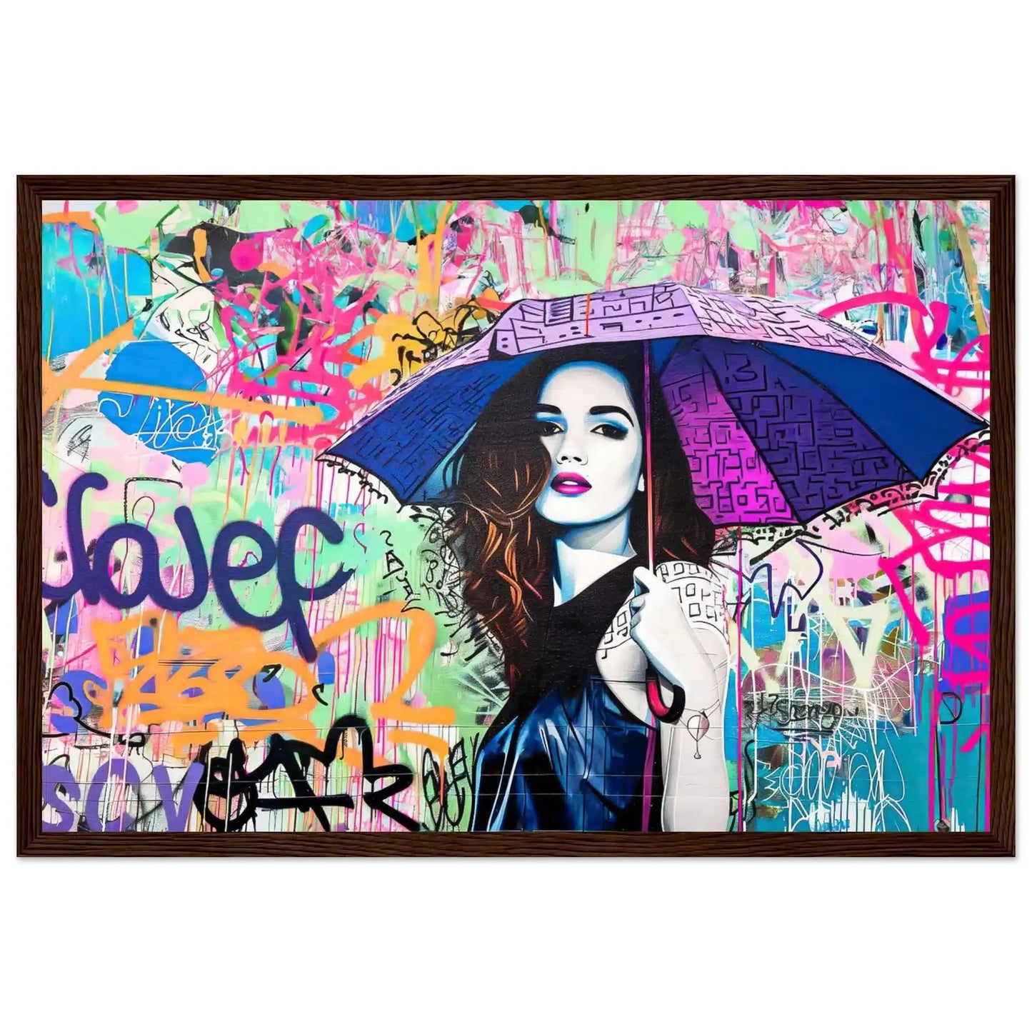 Brunette woman with long hair, holding a purple-blue colored umbrella with black graffiti accents. Brown Wooden Framed Print-Rainbow Graffiti Tempest-Graphique Addictions