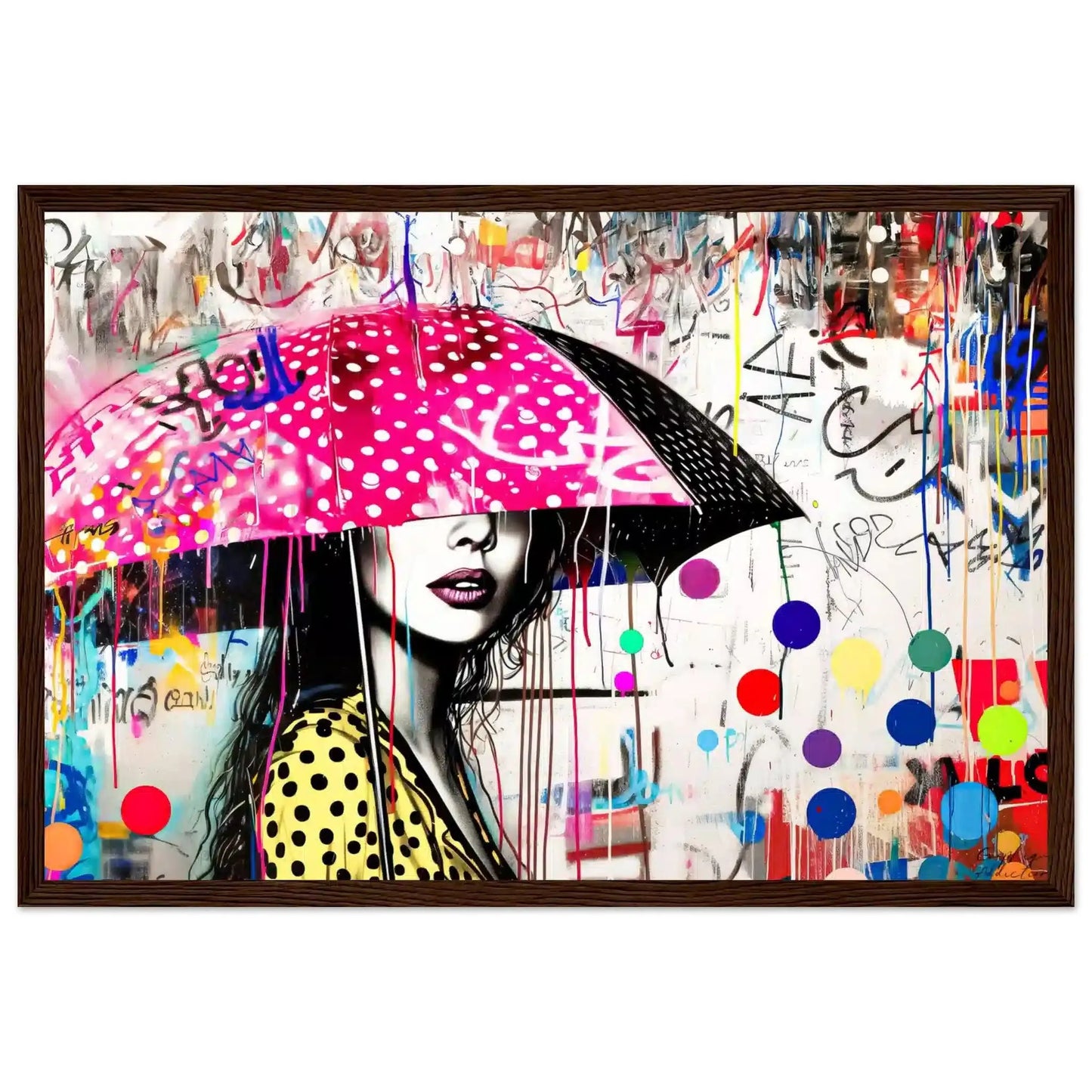 Brown wooden frame of woman holding a pink umbrella with white polka dots and colorful paint splashes. Street Art Storm-Graphique Addictions.