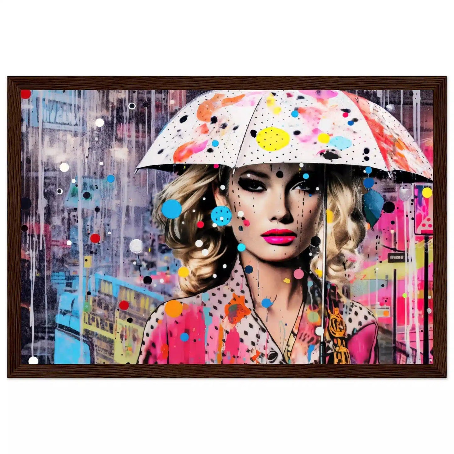 Blonde woman in a polka-dot dress with a colorful umbrella, set against a rain-soaked cityscape with pink and blue street art. Brown Wooden Framed Print-Vibrant Drizzle Elegance-Graphique Addictions