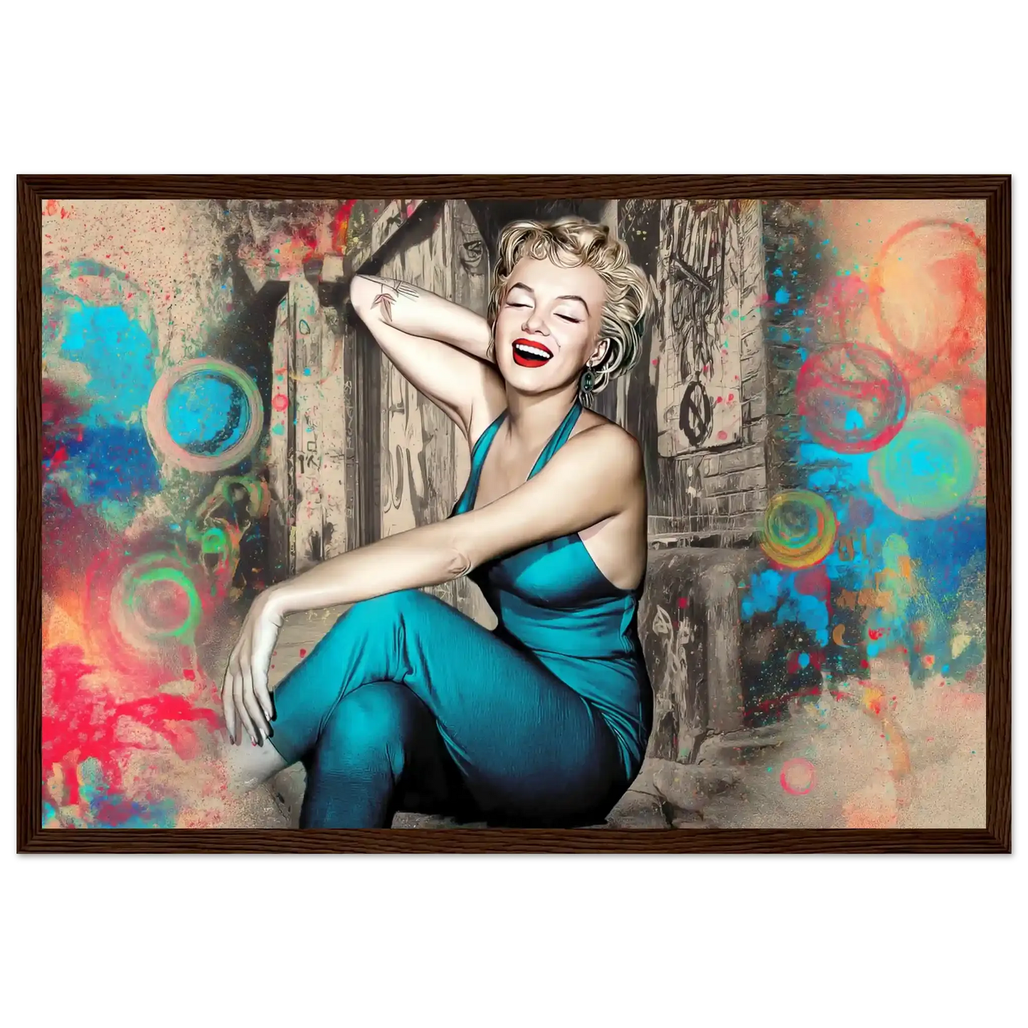 Marilyn Monroe in a teal bodysuit, smiling against an old wooden door in New York City with a colorful swirl and bubble background-dark-brown-12x18-wooden-framed-print-marilyn-on-the-doorstep,Graphique Addictions