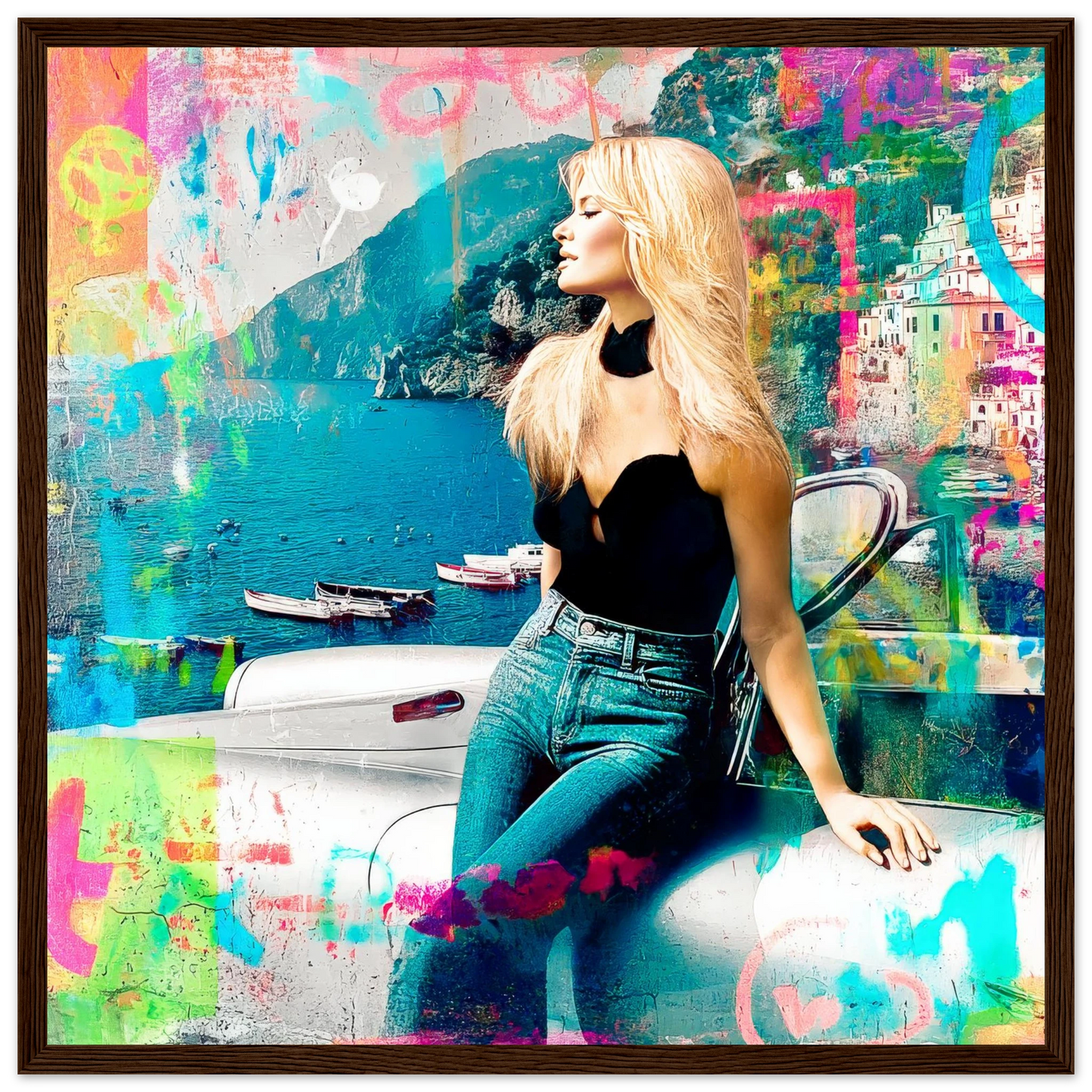 collage art painting of brigitte bardot in italy at the coast of amalfi leaning against a white corvette-dark-brown-wooden-framed-print-amalfi-coast-pop-framed-print, Graphique Addictions