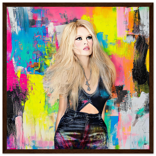 art print of brigitte bardot wearing black jeans and top against a vibrant abstract painting of colorful brushsrokes-graphique addictions-dark brown-wooden-framed-print-brushstroke-bardot, Graphique Addictions