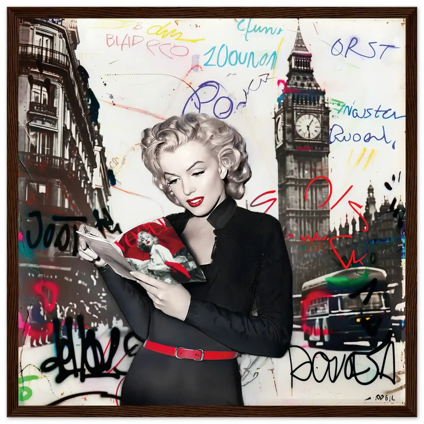 Black and white art of Marilyn Monroe in London with vibrant red lips, Big Ben behind her, and colorful graffiti.-dark-brown-16x16-inches-wooden-framed-print-marilyn-in-london-5, Graphique Addictions