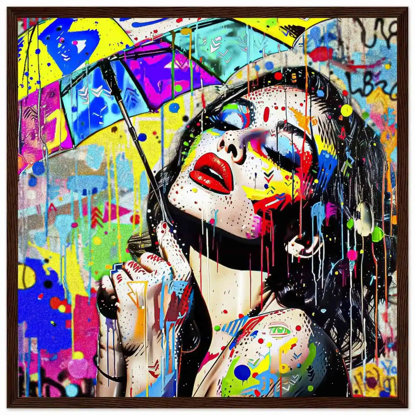 beautiful woman holding an umbrella against a vibrant storm of colorful paint splashes. Brown wooden Framed Print-Painted Rainstorm Glam-Graphique Addictions