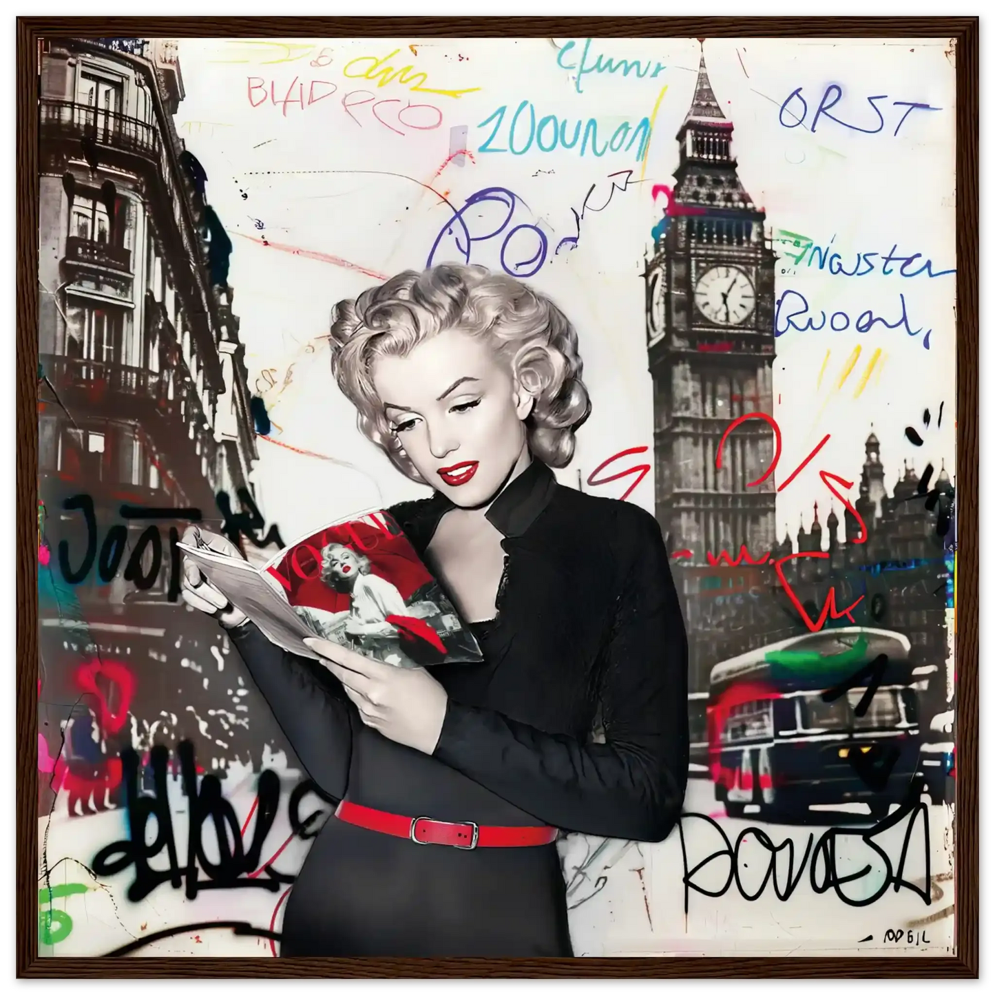 Black and white art of Marilyn Monroe in London with vibrant red lips, Big Ben behind her, and colorful graffiti.-dark-brown-20x20-inches-wooden-framed-print-marilyn-in-london-12, Graphique Addictions