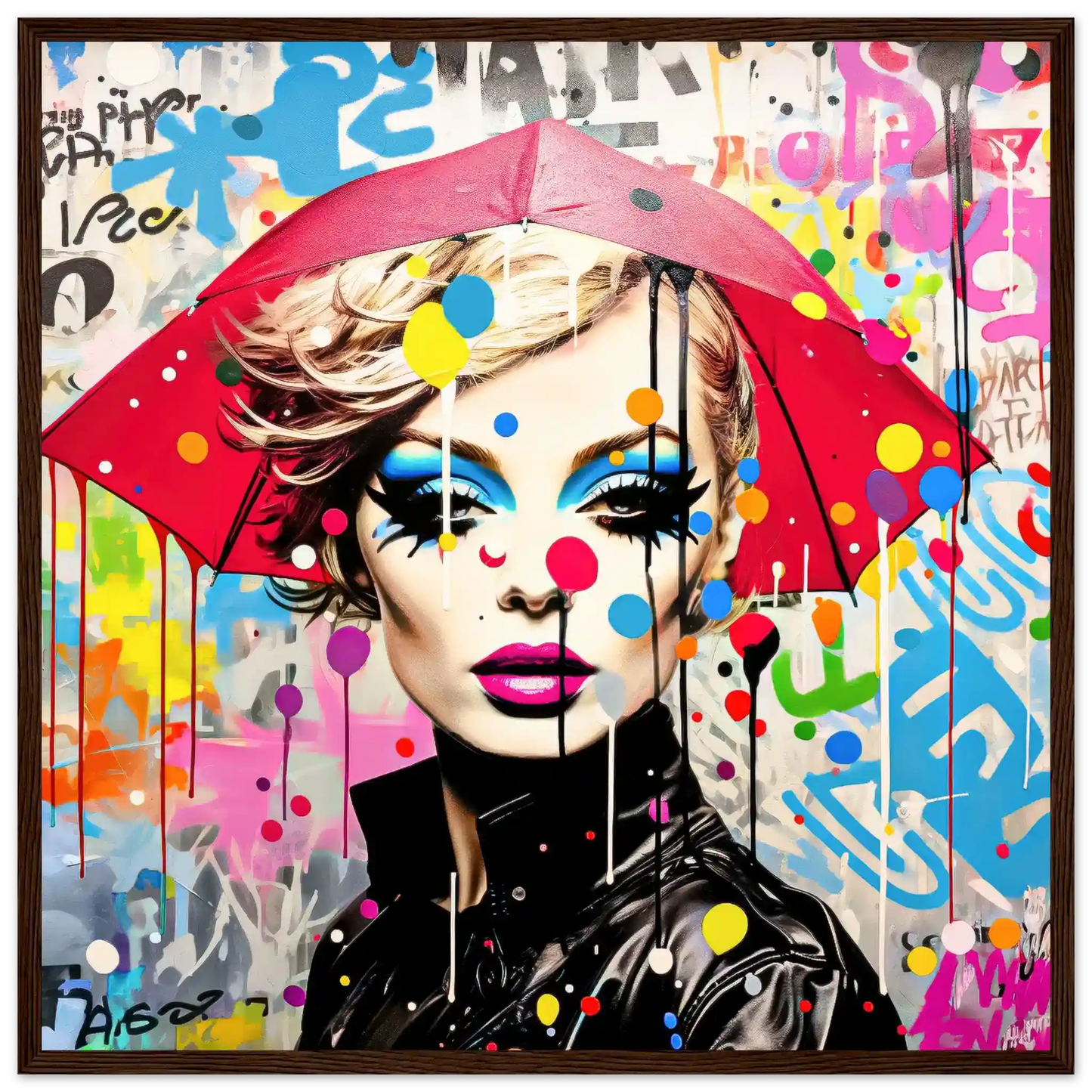 Portrait of a model with bold makeup and polka dots, holding an oversized umbrella, set against colorful street graffiti with lines and paint-drip effects. Brown Wooden Framed Print-Rain Radiance-Graphique Addictions
