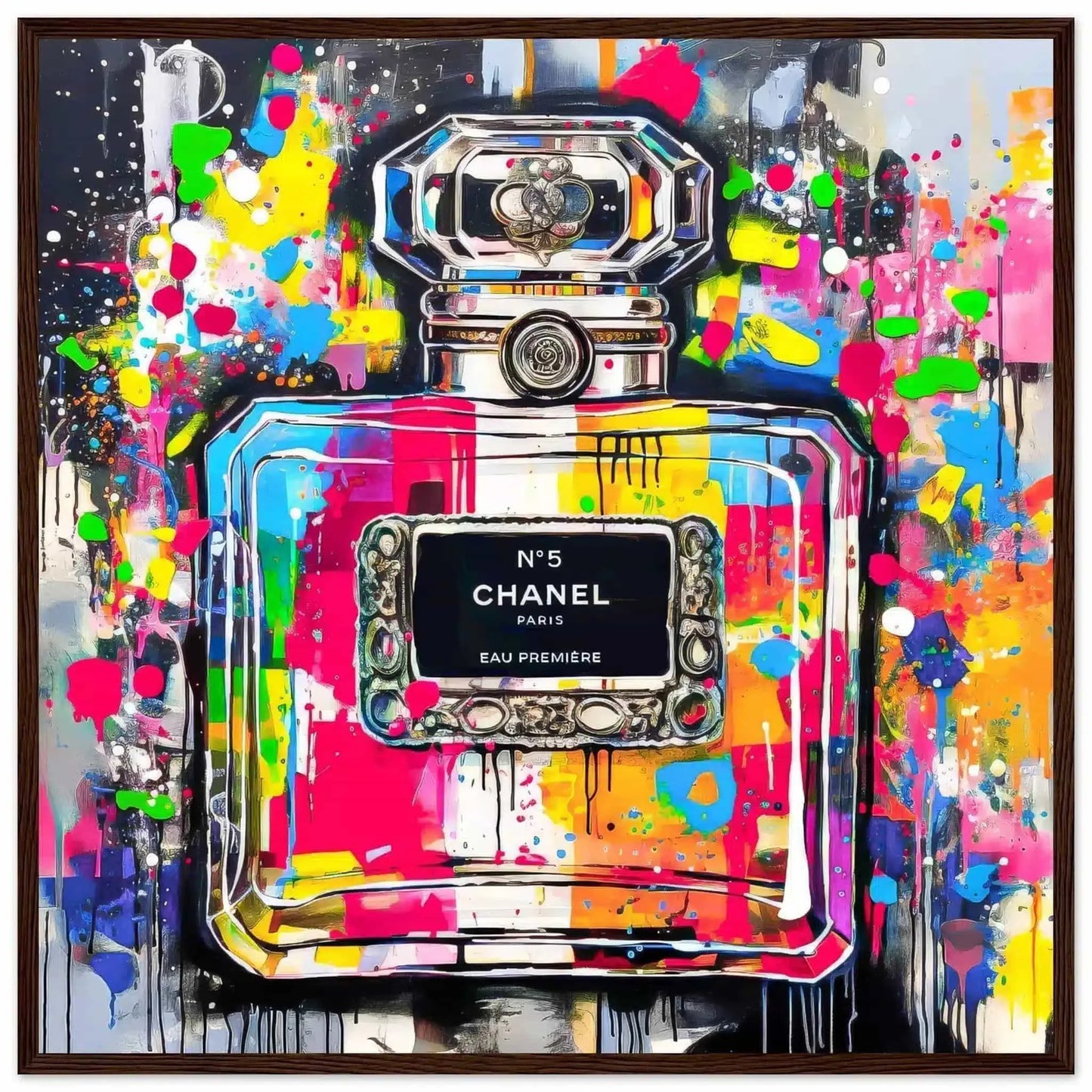 Chanel No5 perfume bottle with colorful graffiti splashes on a gray gradient background. Brown Wooden Framed Print-Urban Eau de Chanel - Graphique Addictions