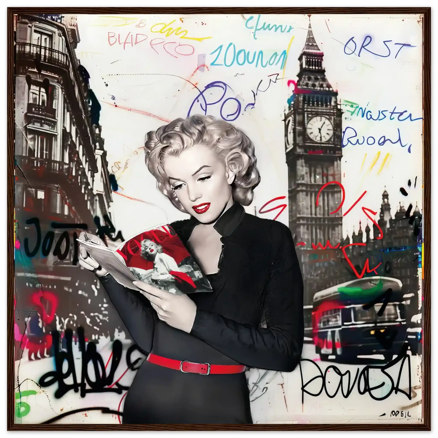 Black and white art of Marilyn Monroe in London with vibrant red lips, Big Ben behind her, and colorful graffiti.-dark-brown-28x28-inches-wooden-framed-print-marilyn-in-london-9, Graphique Addictions