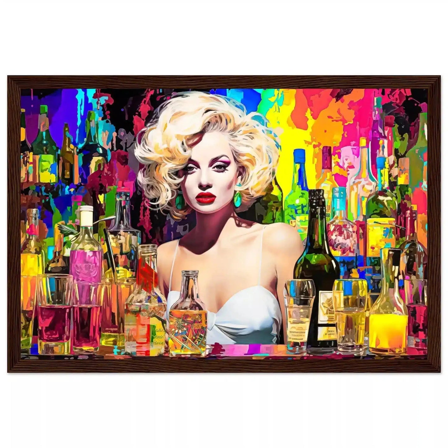 Brown wooden framed print of Marilyn Monroe behind the bar in a white dress, surrounded by colorful alcohol bottles and glasses. Marilyn's Intoxication of Imagination-Graphique Addictions.