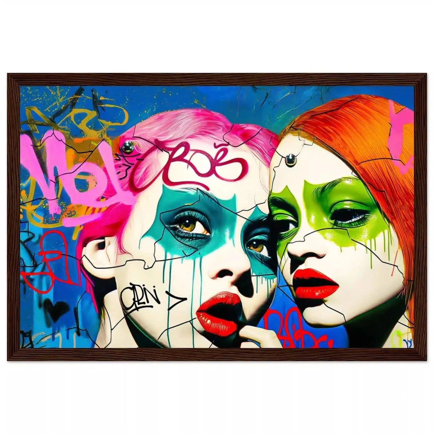 Brown wooden frame of 2 teenage girls with pink and orange-red hair, green eyes, and bold red lips against a backdrop of colorful street art. Phantoms puzzle of decay-Graphique Addictions