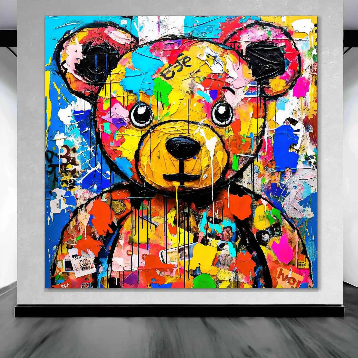 Teddy bear with multi-colored paint splashes, art gallery mockup. Fluffy Street Vogue-Graphique Addictions