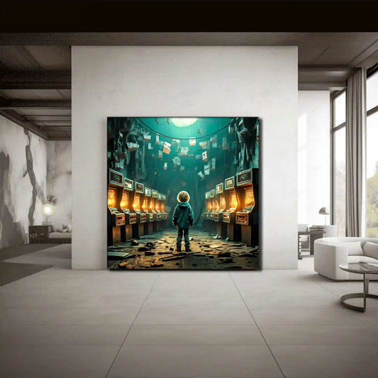 Hallway wall mockup of little boy standing in an abandoned arcade with broken machines and scattered debris. Forgotten Arcade Room-Graphique Addictions.
