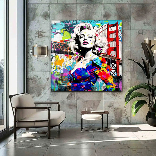 Hallway wall decor featuring Marilyn Monroe in a colorful blue dress, standing in front of the Golden Gate Bridge, made of colorful graffiti and paint splashes.Titled: Golden Gate Graffiti-Graphique Addictions.