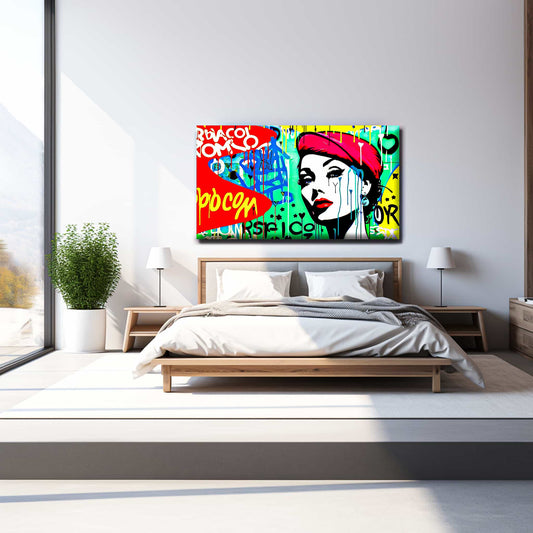 Bedroom wall art print of a woman with a red beret and glamorous red lips, set against a vibrant green background with colorful graffiti. Inspectra Comic Canopy-Graphique Addictions.