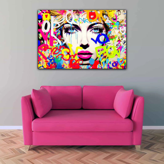 Living room den close-up portrait of a woman against a white background, surrounded by vibrant graffiti and typography. Letters and Lipstick-Graphique Addictions.