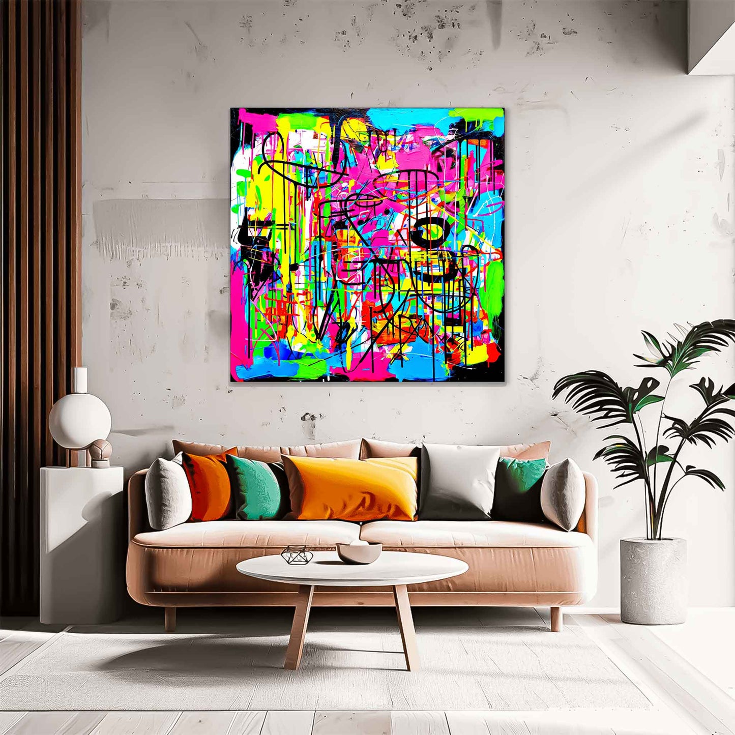 Living room wall decor of abstract painting of bold, neon colors in pink, blue, green, yellow, orange, black, and white, graffiti-style brushstrokes and splashes. Liquid Chaos-Graphique Addictions.