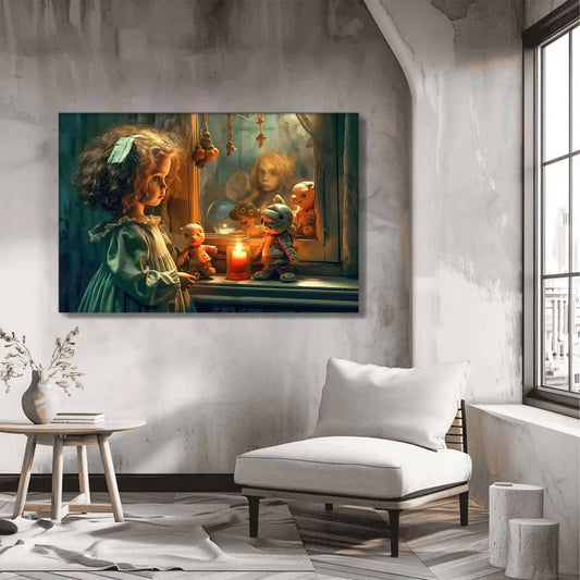 Foyer wall decor of a young girl reflected in an antique mirror. Little girls mirror of shadows-Graphique Addictions.