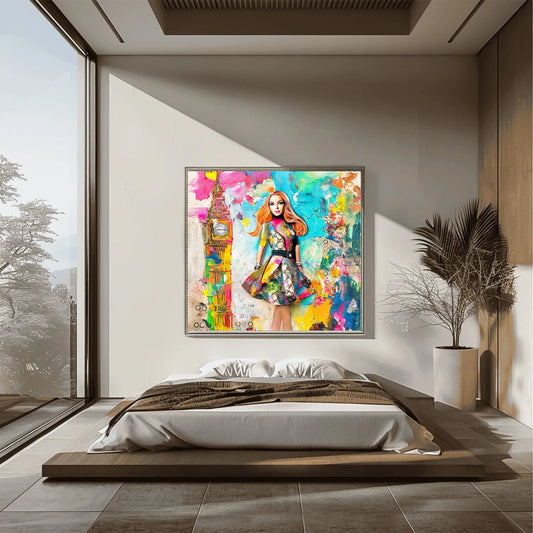bedroom mockup of mixed media art collage of a full-body portrait of Barbie dressed in a Gucci-inspired ensemble, standing confidently before Big Ben and the London skyline-graphique addictions.