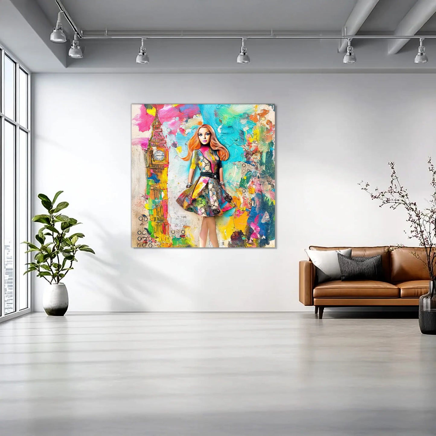 living room wall mockup of a mixed media art collage of a full-body portrait of Barbie dressed in a Gucci-inspired ensemble, standing confidently before Big Ben and the London skyline-Graphique Addictions