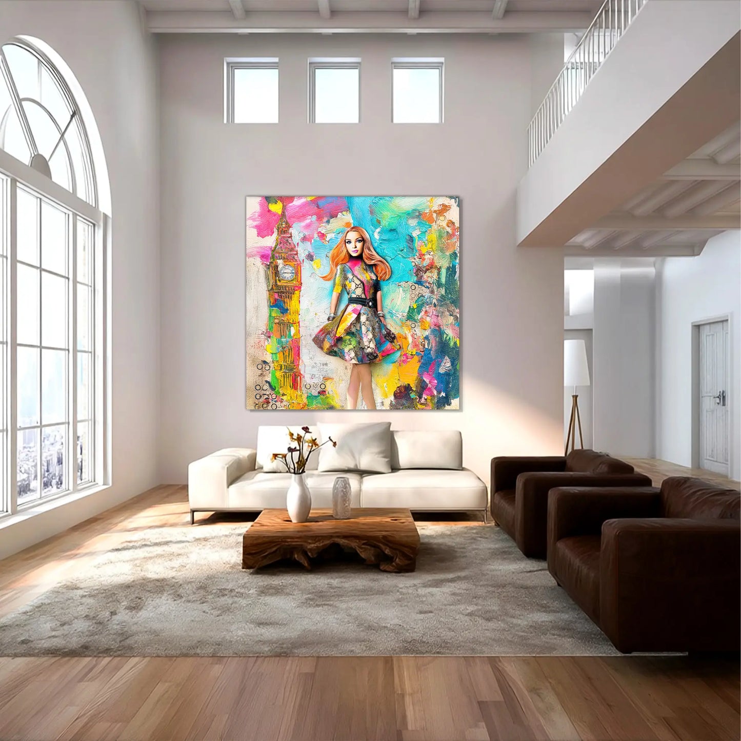living room mockup of a mixed media art collage of a full-body portrait of Barbie dressed in a Gucci-inspired ensemble, standing confidently before Big Ben and the London skyline, Graphique Addictions