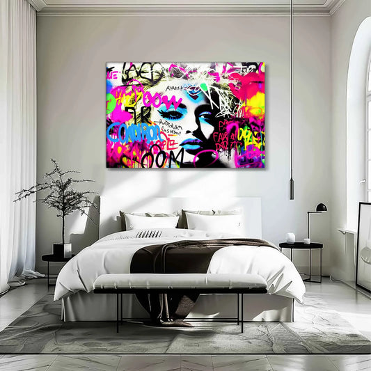 Bedroom wall decor of Madonna's face covered in colorful graffiti. Madonna's Graffiti Groove-Graphique Addictions.