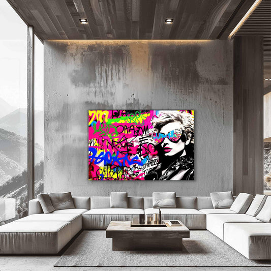 Living room wall decor of Madonna wearing sunglasses against a colorful graffiti background. Madonnas spray paint-Graphique Addictions.