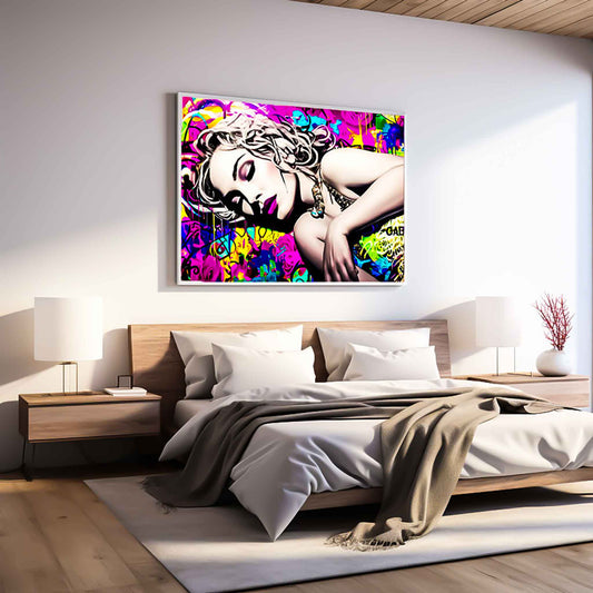 Bedroom wall decor of Madonna laying down surrounded by colorful graffiti. Madonnas Street Art Lullaby-Graphique Addictions.