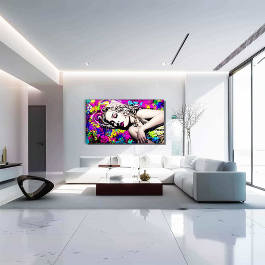 Living room wall decor of Madonna laying down surrounded by colorful graffiti. Madonnas Street Art Lullaby-Graphique Addictions.