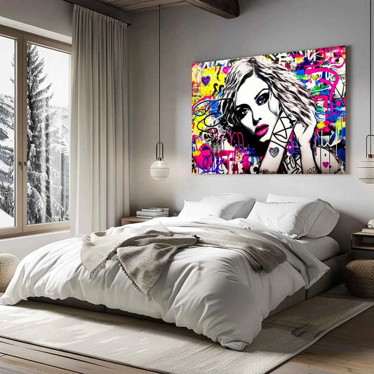 Bedroom wall decor of a close-up of Madonna's face surrounded by colorful graffiti. Madonna's Street Art Sensation-Graphique Addictions.