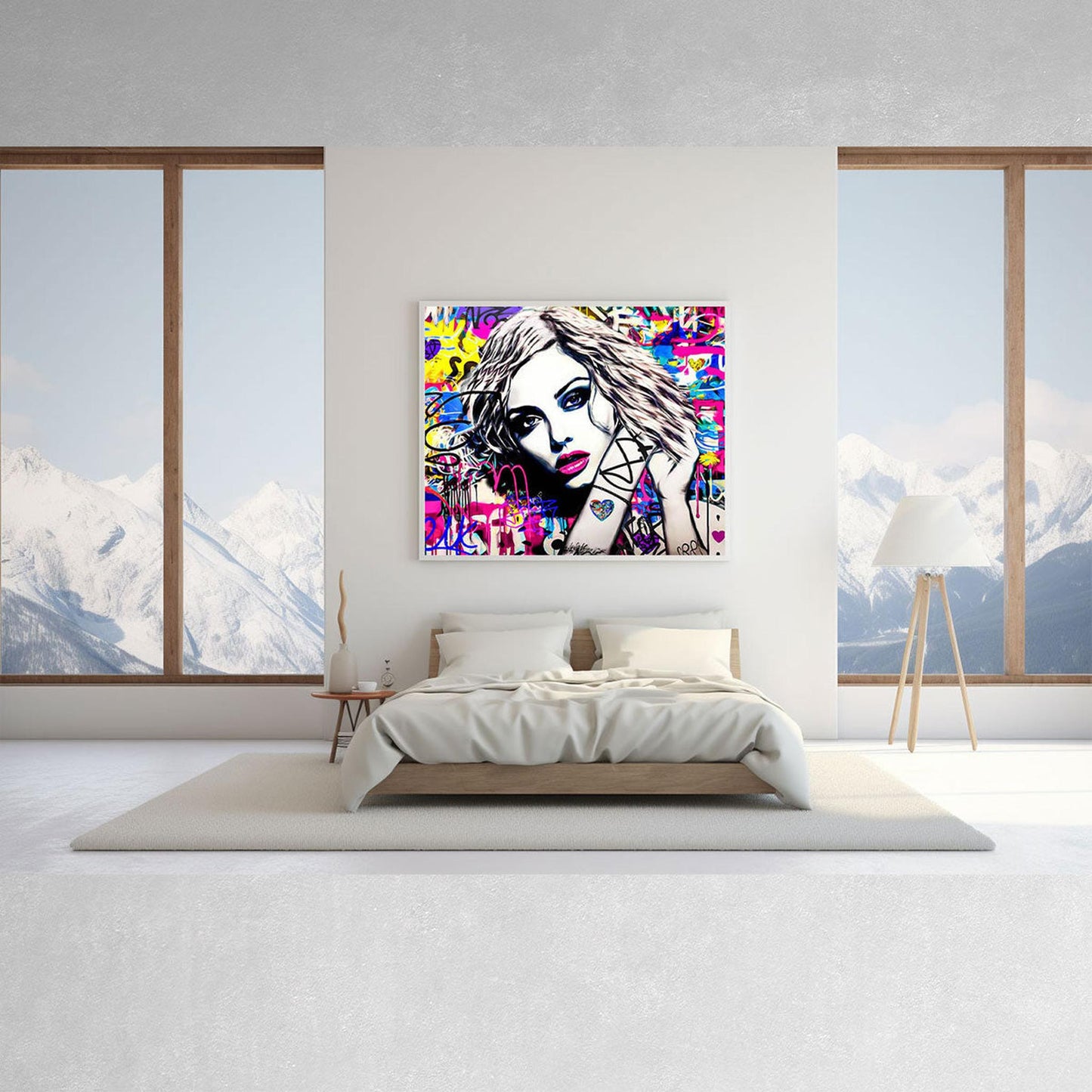 Bedroom wall decor of a close-up of Madonna's face surrounded by colorful graffiti. Madonna's Street Art Sensation-Graphique Addictions.