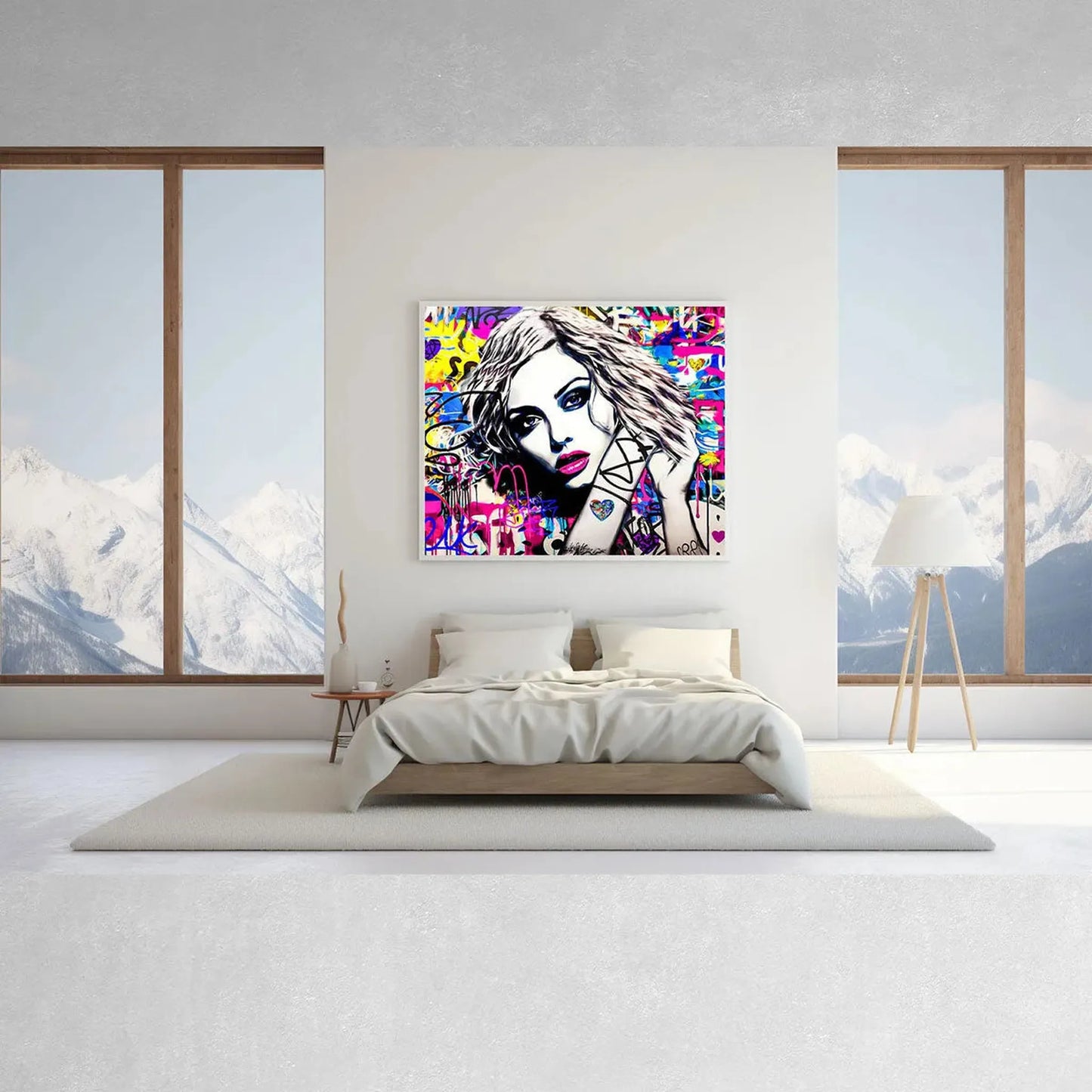 Bedroom wall decor of a close-up of Madonna's face surrounded by colorful graffiti. Madonna's Street Art Sensation-Graphique Addictions.