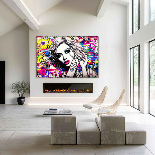 Living room wall decor of a close-up of Madonna's face surrounded by colorful graffiti. Madonna's Street Art Sensation-Graphique Addictions.