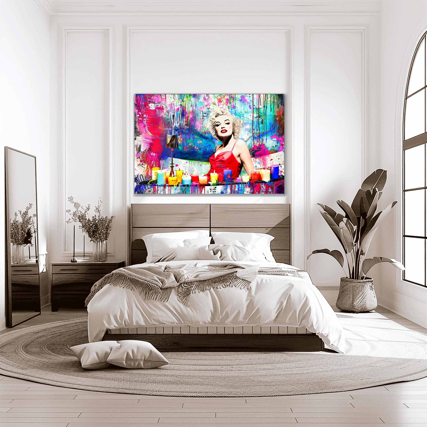 Bedroom wall mockup of Marilyn Monroe in a red dress, sitting in a bathtub, surrounded by colorful candles and paint splashes. Marilyn's Candles and Paint-Graphique Addictions.