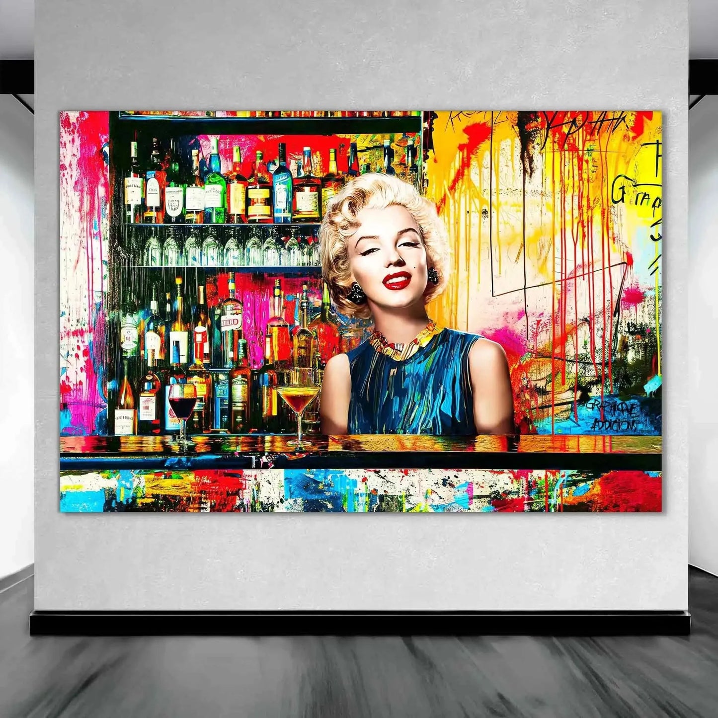 Art gallery display of Marilyn Monroe standing behind a bar with alcohol bottles on the shelves, vibrant abstract colors, graffiti, and paint. Monroe's Cocktail Hour-Graphique Addictions.