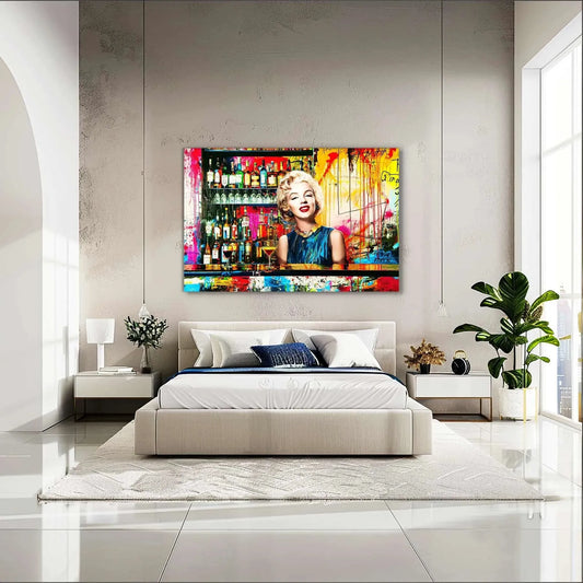 Bedroom mockup of Marilyn Monroe standing behind a bar with alcohol bottles on the shelves, vibrant abstract colors, graffiti, and paint. Monroe's Cocktail Hour-Graphique Addictions.