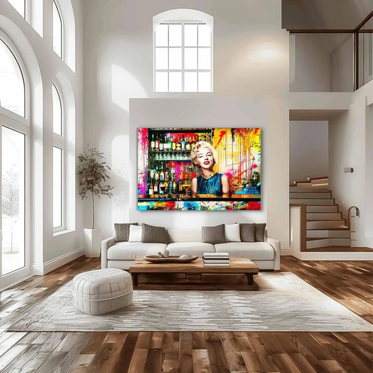 Living room mockup of Marilyn Monroe standing behind a bar with alcohol bottles on the shelves, vibrant abstract colors, graffiti, and paint. Monroe's Cocktail Hour-Graphique Addictions.