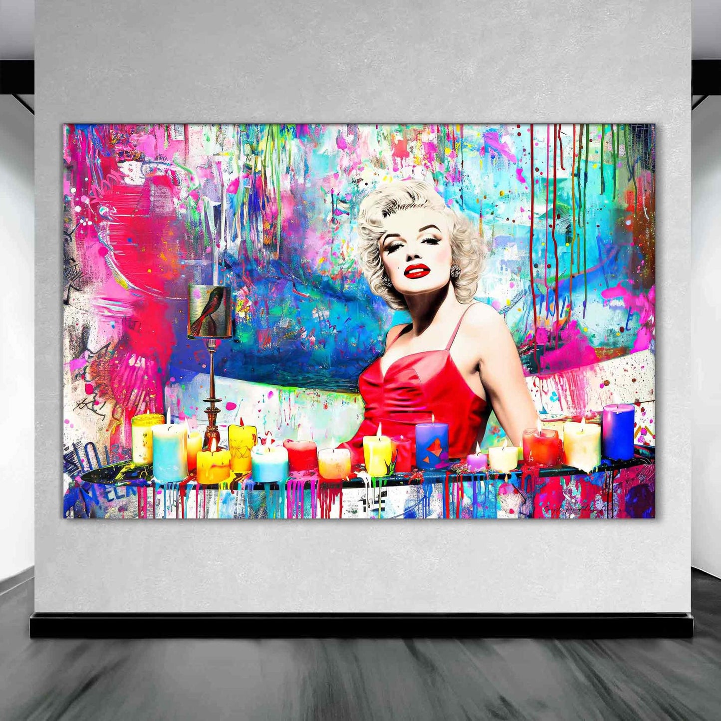 Art gallery display of Marilyn Monroe in a red dress, sitting in a bathtub, surrounded by colorful candles and paint splashes. Marilyn's Candles and Paint-Graphique Addictions.